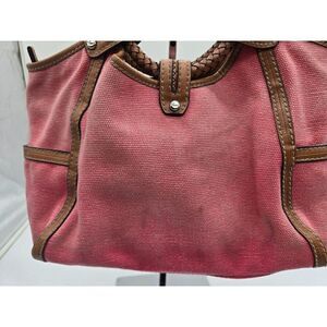 Fossil Pink Canvas Tote Bag W/ Braided Leather Handles & Striped Interior